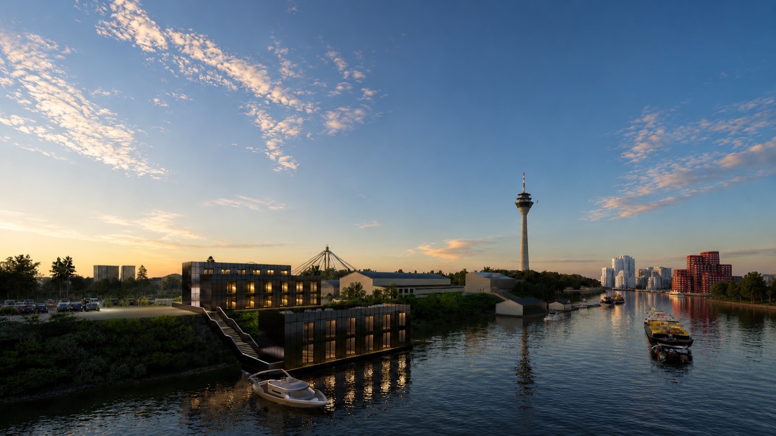 Projektierung Waterfront mit modularer Architektur bei Sonnenuntergang