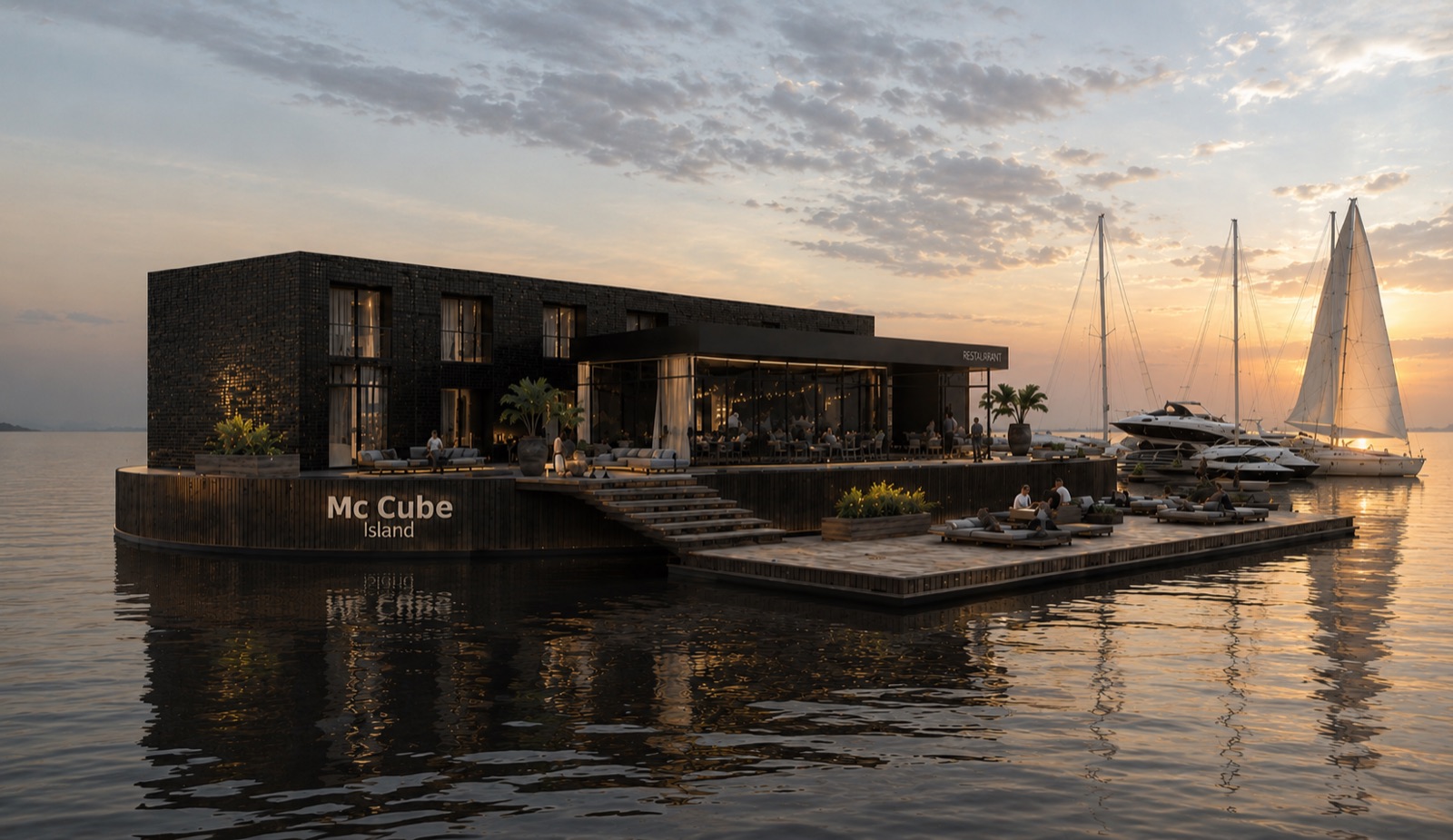 Projektierung mc cube Island am Wasser bei Sonnenuntergang